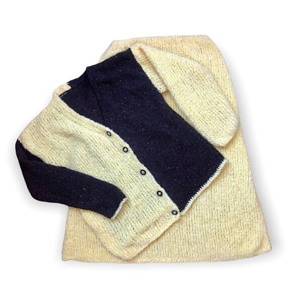 HAND KNIT WOOL 2 PIECE SET CARDIGAN MAXI SKIRT MUSTARD CHOCOLATE BROWN LUREX - Picture 4 of 13